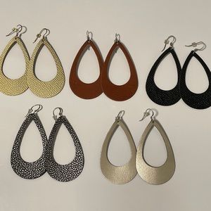 5 pair leather cutout earrings, 2.5 inches.  Gold, camel, black, metal, silver